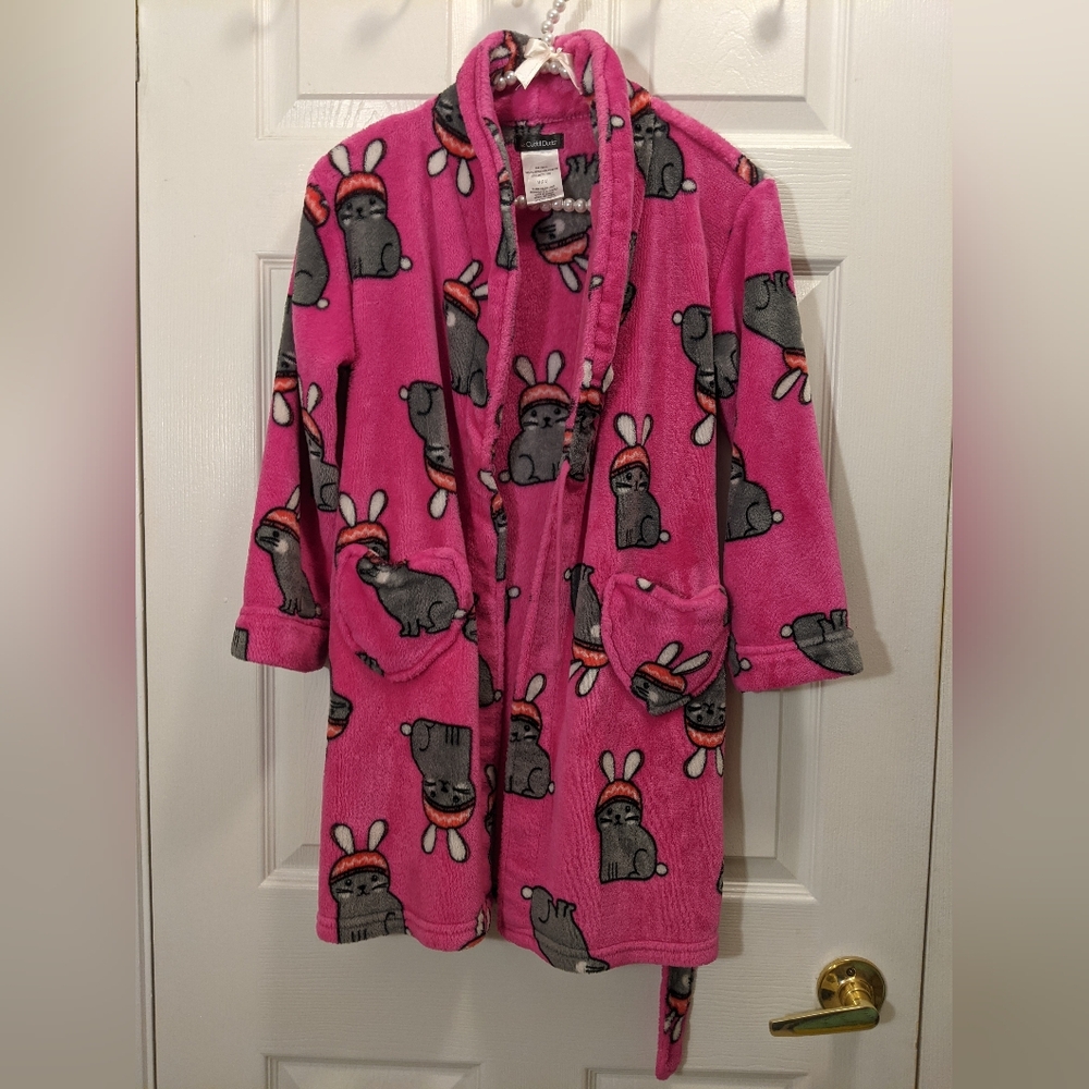 CUDDLDUDS Girls ADORABLE Robe, Youth Size M (7/8) Pink w/Grey Bunnies, EUC.